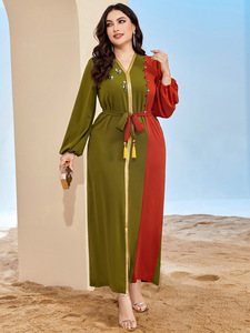 Vestido Abaya verde para mujer con cuello en V rojo naranja Costura informal elegante Moda europea de Oriente Medio para intelectuales - Product Image 6