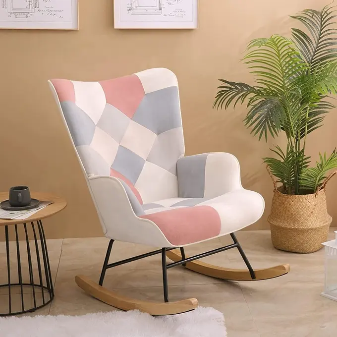 Kursi goyang Sofa tunggal, kursi Rocker modern dengan kaki kayu dan Linen tambal sulam untuk ruang tamu kamar tidur, kursi goyang pemuda