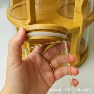 Rotatable Bamboo Spice Rack Double Layer Glass <b>Jars</b> With Wooden Lid <b>Kitchen</b> Countertop <b>Storage</b> Organizer - Product Image 3