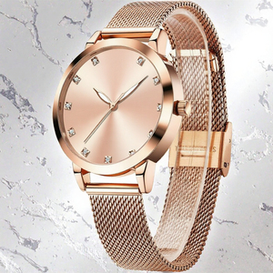Rose Gold Quartz <b>Watch</b> for <b>Women</b> Round Dial Mesh Strap Luminous Hands 3 Bar Waterproof Wristwatch Gift - Product Image 2