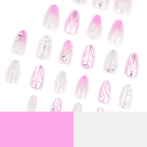 Uñas Postizas Largas de Color Rosa Almendra con Diseño Nuevo, Uñas Artificiales con Decoración de Conchas y Perlas - Product Image 4
