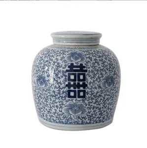 Retro blue and white gemstone ceramic storage jar with lid spring home decoration vase table de ceremony