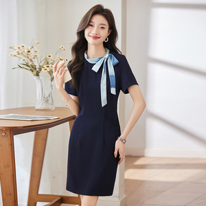 Professional Sheath Dress Dark Blue Tie Neck Solid Color Polyester Career Wear for Receptionists Customer Service Staff - Product Image 1