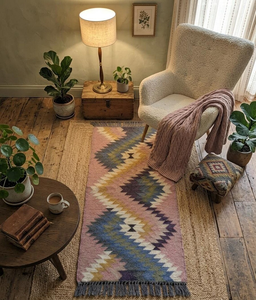 Geometric Kilim Style <b>Runner</b> <b>Rug</b> | Handwoven Boho Tribal Wool Jute Carpet <b>for</b> Hallway Bedroom Living Room Entryway Home Decor - Product Image 3
