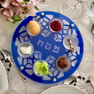 Clear Lucite Traditional Food Tray Blue Acrylic Passover Seder Plate With Stainless Steel Legs