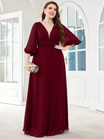 Robe de soirée moulante en mousseline unie à col en V et manches trois quarts, grande taille, avec fermeture éclair au dos, pour demoiselle d'honneur