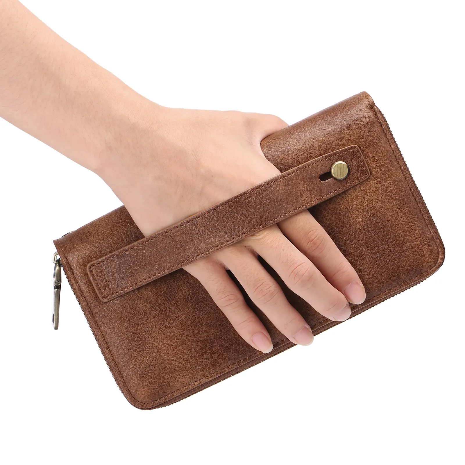Bonne qualité PU cuir Double couche pochette portefeuille pour hommes grand portefeuille fermeture éclair sac à main porte-carte mâle main portefeuille
