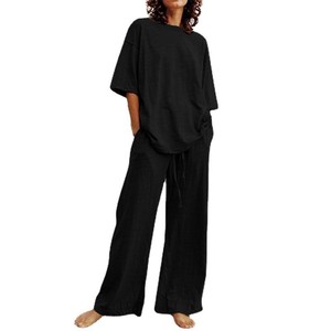 Conjuntos de 2 piezas para mujer, conjuntos de salón a juego de pierna ancha de manga larga 2023, ropa de vacaciones de viaje a la moda - Product Image 1