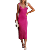 Robe midi moulante sans manches à col en V et bretelles spaghetti en maille côtelée rose vif pour femme, personnalisable OEM, idéale pour l'été