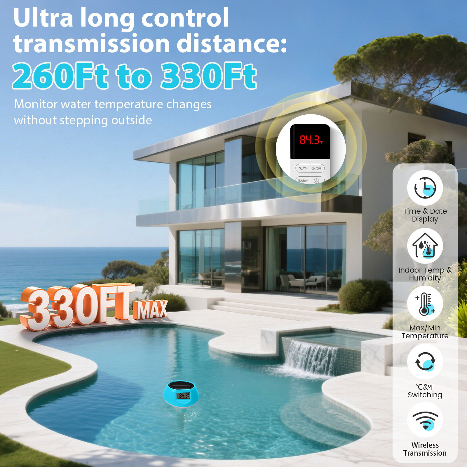 Pool Thermometer Floating Easy Read Solar Powered Led Light Backlit Display Magnetic Charging IP68 for Hot Tub Outdoor Spa Bath