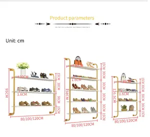 Ayakkabı mağazası iç tasarım fikirleri alan tasarrufu lüks ayakkabı mağazası mobilya altın Metal duvara monte ayakkabı ekran standı raf raf