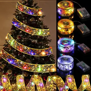 LED 5M Double Layer Fairy Lights Strings Christmas Ribbon Bows With LED Christmas Tree Ornaments New Year Navidad Home Decor