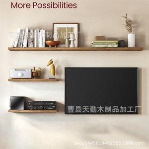 Wooden <b>wall</b>-<b>mounted</b> <b>shelf</b>, floating <b>wall</b> <b>shelf</b> for bedrooms and living rooms, displaying books and potted plants, solid wood. - Product Image 4