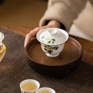 Hand Painted Osmanthus Flower Gaiwan Porcelain With Lid Single <b>Tea</b> Bowl For Gongfu <b>Tea</b> <b>Set</b> Home Use Afternoon <b>Tea</b> - Product Image 4