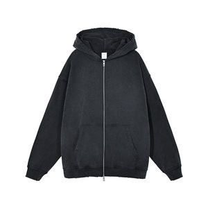Sweat à capuche zippé en laine épaisse 420g, 100% coton, style rétro vieilli, bords déchirés, coupe ample, effet délavé à l'acide - Product Image 6