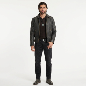 เสื้อแจ็คเก็ตวาร์ซิตี้ผู้ชายรุ่นใหม่จาก Finer Threads สำหรับฤดูใบไม้ร่วง ทำจากหนังวัวแท้ คอตั้ง ปิดด้วยซิป มีกระเป๋าสี่ช่อง ระบายอากาศได้ดี สไตล์วินเทจ - Product Image 1