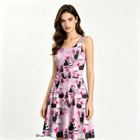 Robe skater sans manches pour femmes, rose, imprimé chat mignon, robe d'été trapèze avec poches latérales, mini-robe chaton de dessin animé