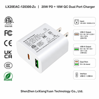 HECHOBO PD 20W USB-C+USB-A Pengisi Daya Dinding Port Ganda, Bersertifikasi ETL FCC CE UKCA CCC, Pilihan Colokan Tetap US/EU/UK/CN, Pengisian Cepat