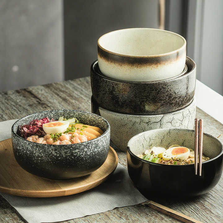 Customized 6.5-7.5 Inch round Ceramic Noodle Bowl with Chopsticks Household Soup & Rice Bowl for Home Restaurant Party Occasions