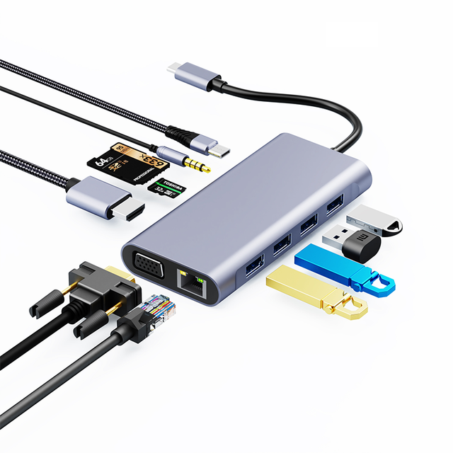 Multifunction USB Hub USB C to 87W PD Charging VGA HDTV 100mbps RJ45 SD/TF USB 3.5mm Audio 11 Port Docking Station