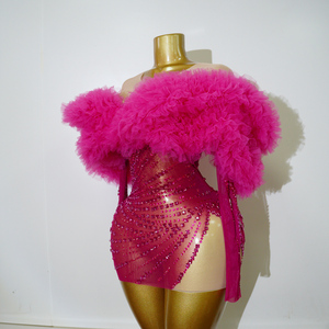 <span class=keywords><strong>Vestido</strong></span> Mini de Malla Rosa Intenso con Pedrería Estilo Barbiecore, Atuendo de Escenario con Hombros de Tul 3D, <span class=keywords><strong>Vestido</strong></span> de Actuación de Estrella Pop para <span class=keywords><strong>Drag</strong></span> <span class=keywords><strong>Queen</strong></span> Diva - Product Image 4
