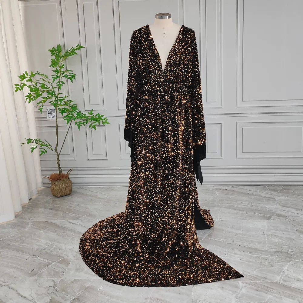 Hochwertige Gold-Selbst Pailletten Übergröße Abschlussballkleid mit sexy offener Rückseite für Damen Abendparty-Kleid 2024 individuell angefertigt