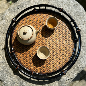 Bamboo Woven <b>Tea</b> <b>Tray</b> Handmade Round Serving <b>Tray</b> For <b>Tea</b> Set Storage And Snacks Residential Use - Product Image 3