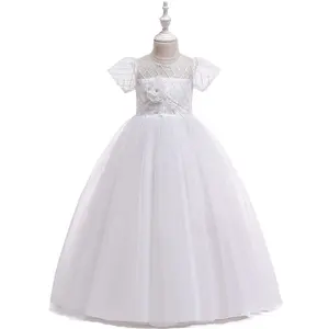 Klassisches Design Plus Size Boden länge Kurzarm Pure White Ester Kinder kleid Blumen mädchen Kleid Erstkommunion Kleid