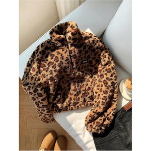 Sweat-shirt personnalisé pour femme en polaire motif léopard, col montant semi-zippé, manches longues, coupe courte, avec poche, anti-boulochage, effet duveteux - Product Image 6