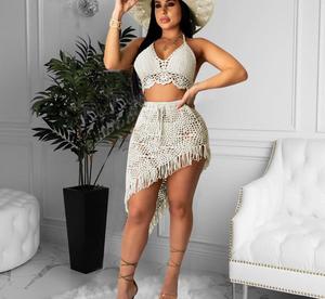 NUOVO ARRIVO Gonna all'Uncinetto con Frange Due Pezzi Abbigliamento da Spiaggia Abito in Cotone - Product Image 1