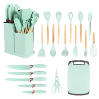 Ensemble de 19 ustensiles de cuisine en silicone durable avec manche en bois, antiadhésifs, cuillère à soupe, lavables au lave-vaisselle, avec boîte de rangement