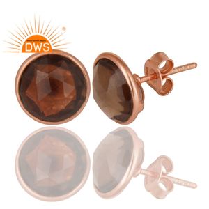 Tiny Round Smoky Quartz Gemstone Earrings Rose Gold Plated 925 Silver Designer Stud Earrings Jewelry Supplier - Product Image 2
