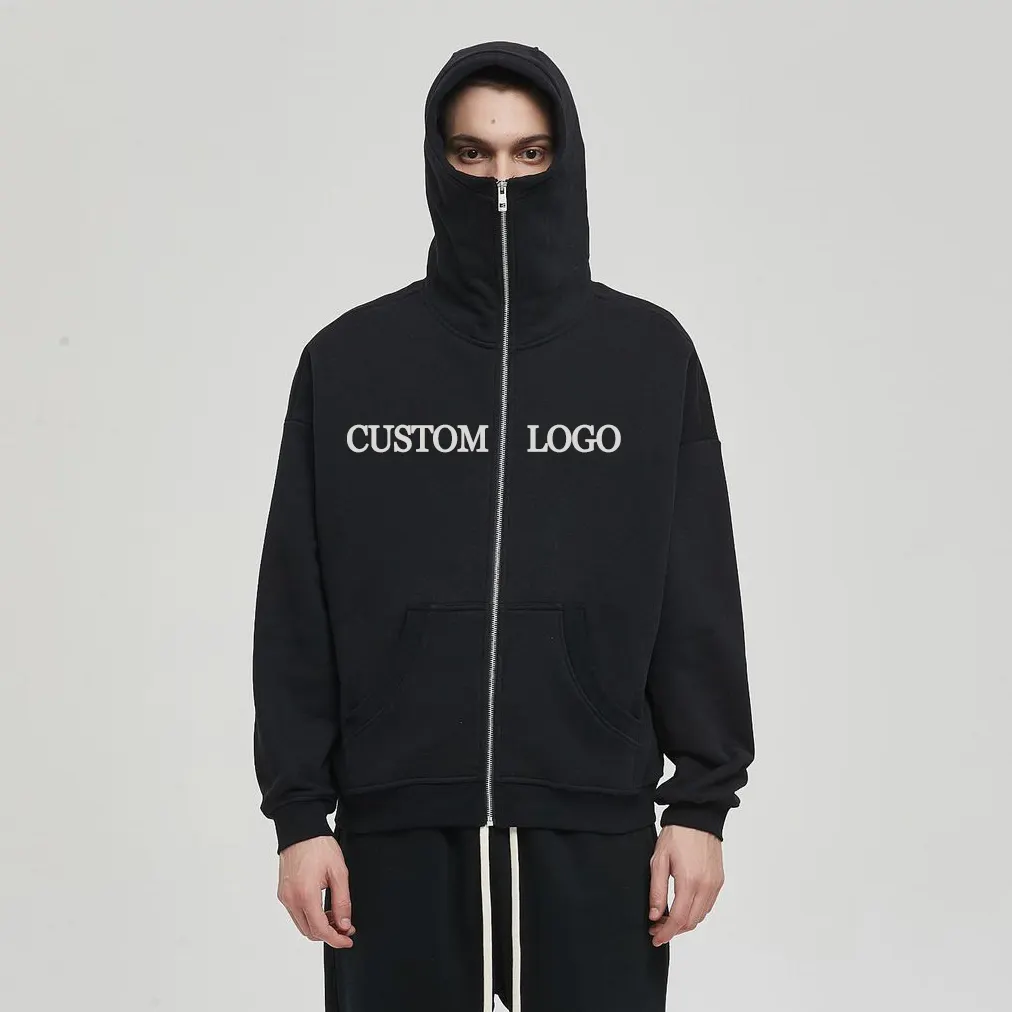 Benutzer definierte Logo Full Face Zip Up Jacke Hoodies Winter Warme Baumwolle Terry Stickerei Maskierte Ninja Half Face Cover Plain Hoodie Männer