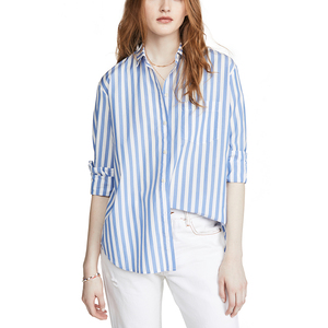 Nouvelle chemise rayée verticale en coton 100% bleu pour femmes grandes tailles, boutonnée - Product Image 5