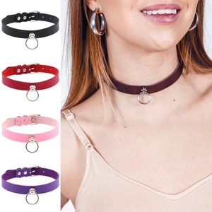 Collier ras du cou rond gothique fait main pour femmes et hommes, collier en cuir simple style punk, harnais bondage, anneau en O plaqué argent - Product Image 1