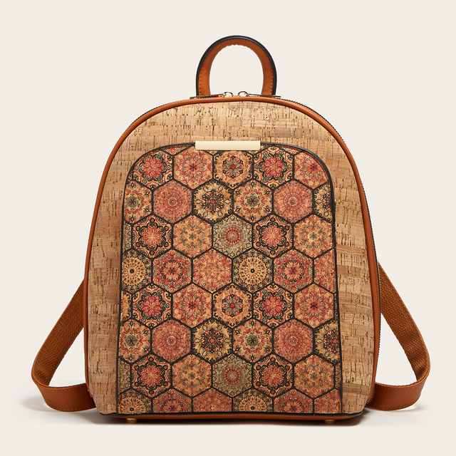 Wholesale PU Large Capacity Retro Round School Bag New Crok Design Floral Print Backpack Rucksack Bag Cork Backpack