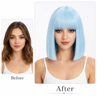 12 Zoll Pastellblau Kurzer Bob Synthetische Perücke mit Pony Hitzebeständig Damen Cosplay Tägliches Tragen Ganzkopf-Perücke Großhandel