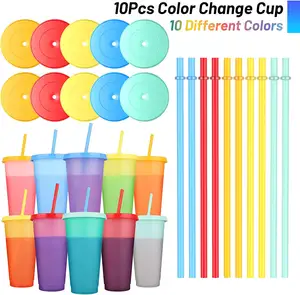New Arrival Reusable Glitter Cold Cup Tumbler Reusable plastic color changing cups 700ml/24 oz with straw