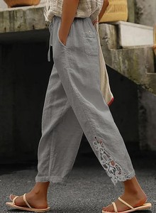 <span class=keywords><strong>Pantaloni</strong></span> da <span class=keywords><strong>donna</strong></span> a vita alta con patchwork in pizzo, vita con coulisse, tasche <span class=keywords><strong>laterali</strong></span> e <span class=keywords><strong>bottoni</strong></span>, leggeri, ampi e casual - Product Image 2