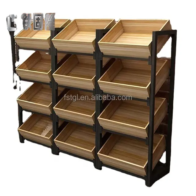 Wooden Display Rack Supermarket Fruits and Vegetables Shelf Vegetable Rack for Store Display Stand Metallic Heavy Duty 4 Layers