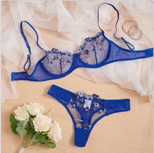 Ensemble de lingerie 2 pièces en maille transparente, broderie florale, élégance sexy, soutien-gorge et culotte, vente chaude - Product Image 3