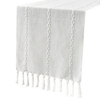 Wracra Chemin de table rustique en lin blanc 90 pouces, motif floral brodé en relief, avec pompons faits main, en coton et lin tissé, rectangulaire