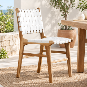 Modern Wood <b>Garden</b> <b>Chair</b> With White Woven Seat And Back Midcentury Design Tapered Legs Durable Outdoor Indoor Use - Product Image 1