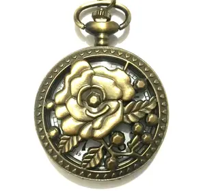 Vintage Menawan Hollow Rose Bunga Desain Kuarsa Jam Saku Perunggu Wanita Kalung Watch Kuno Liontin Jam