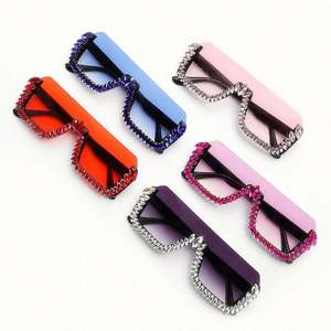 Lunettes de soleil tendance 2020, protection UV400, grandes lunettes carrées demi-cerclées, avec strass, verres monobloc, pour femmes - Product Image 6