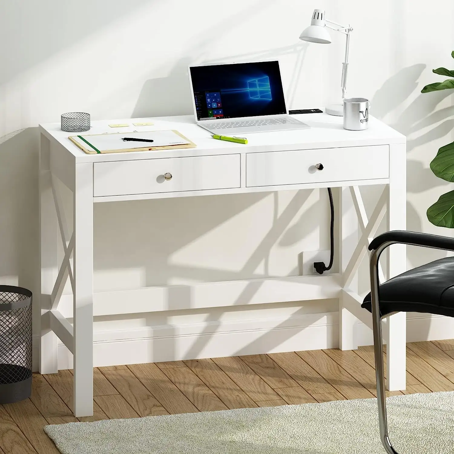 Piccola scrivania con cassetti in tessuto-per camera da letto, comò bianco con ripostiglio, scrivania del computer a casa ufficio per piccoli spazi