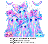 Transferts DTF Holographiques Pastel Nœud Papillon Effet Fantôme Prêts à Presser – Transferts Thermiques Arc-en-ciel Halloween pour T-shirts et Sweats à Capuche