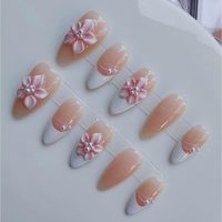 Uñas Acrílicas Elite Almond Estilo Francés con Pegamento, Calidad Profesional, 10 Piezas, Set con Logo Personalizado, Forma Cuadrada y Mariposa