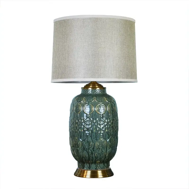 Manufacturer antique cloth art ceramic table lamp green bedroom bedside lamp living room villa decorative lamp