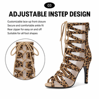 Bottine à talon aiguille style gladiateur à imprimé léopard, bout ouvert, à lacets, avec maille transparente, talons personnalisés OEM/ODM pour soirées dansantes